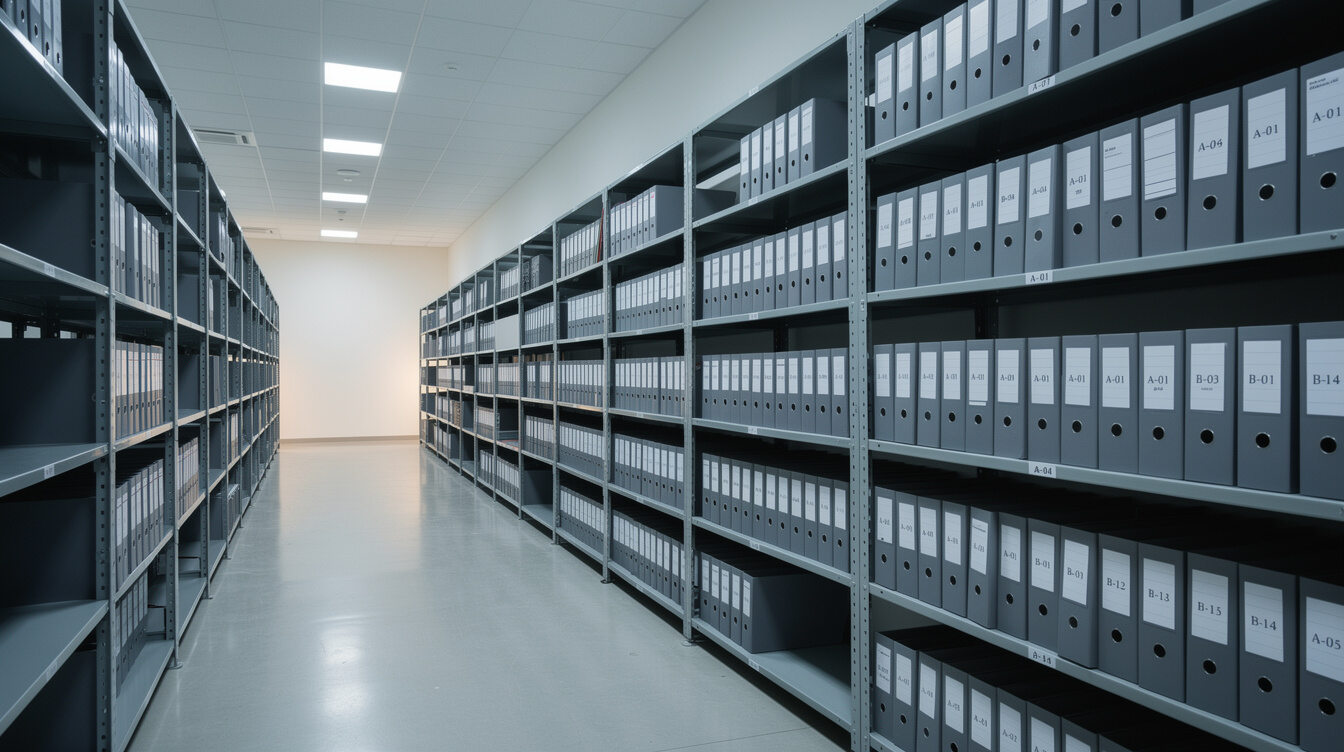 Archive shelves filled with labeled document boxes