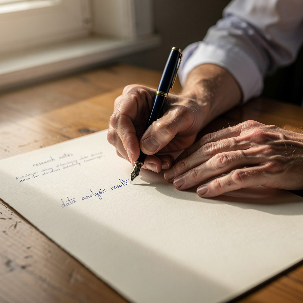 Close-up of hands writing research notes with a pen on paper