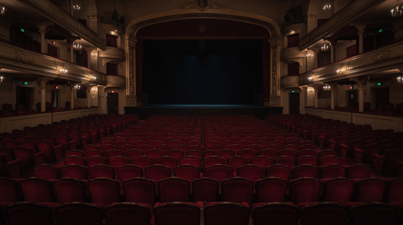 Rows of empty seats in a dim theatre auditorium