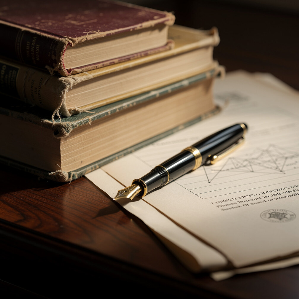 Stack of old research books and papers on a wooden desk