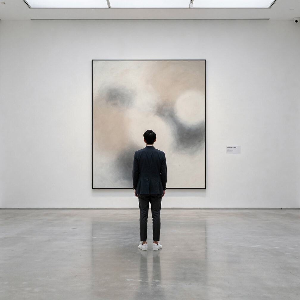 Person seen from behind observing a large painting in a gallery
