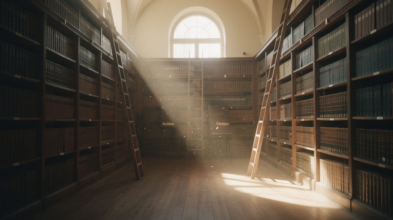 Rows of tall bookshelves in a quiet research archive